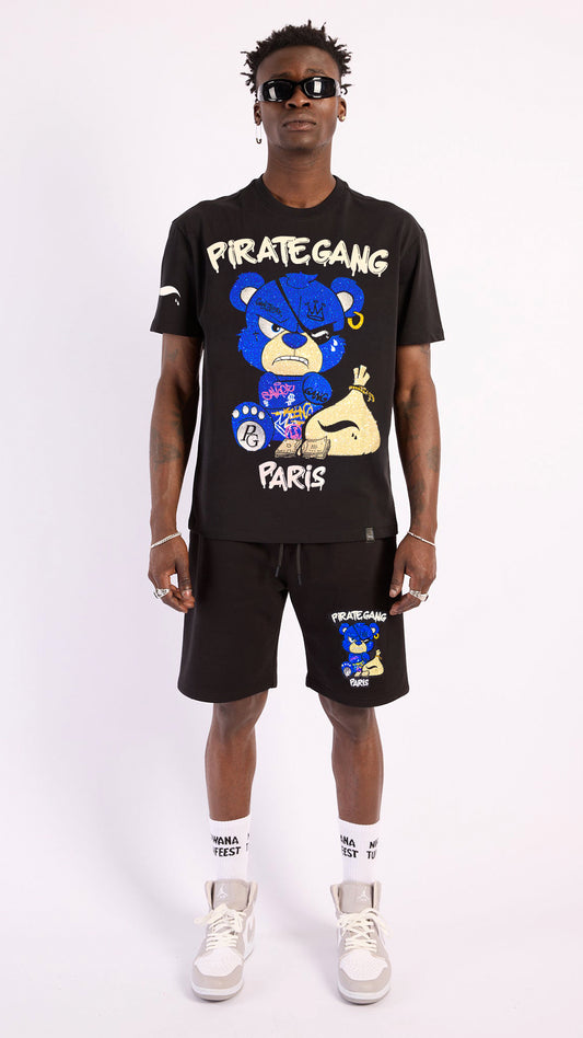 Conjunto Streetwear Pirate Gang Money Bag - Camiseta y Short Oso Azul con Pedrería y Saco de Dinero Rey De La Calle