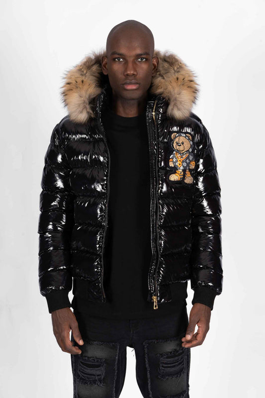 Chaqueta Plumífero Negro con Capucha de Pelo y Diseño de Osito Gánster Monograma Gris