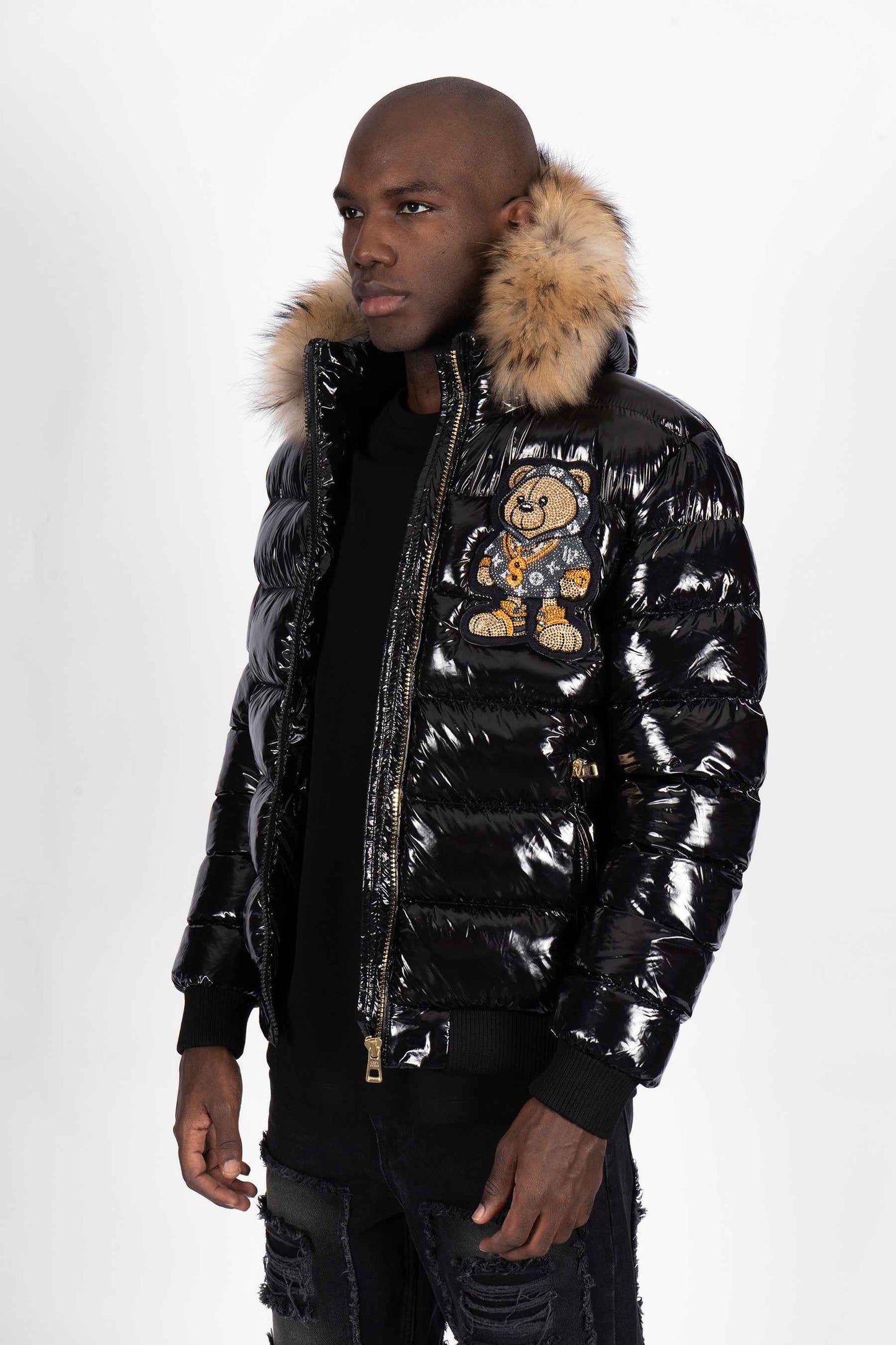 Chaqueta Plumífero Negro con Capucha de Pelo y Diseño de Osito Gánster Monograma Gris