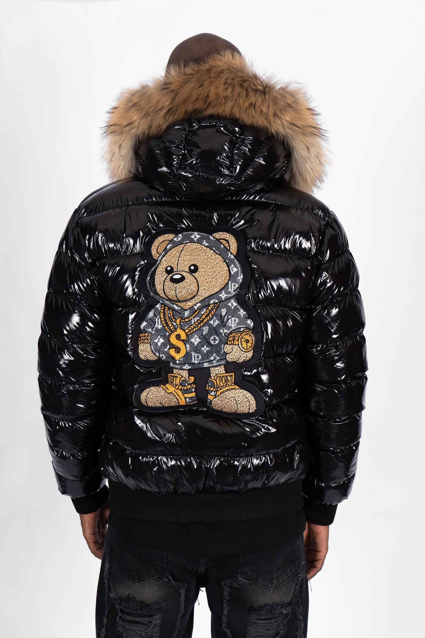 Chaqueta Plumífero Negro con Capucha de Pelo y Diseño de Osito Gánster Monograma Gris