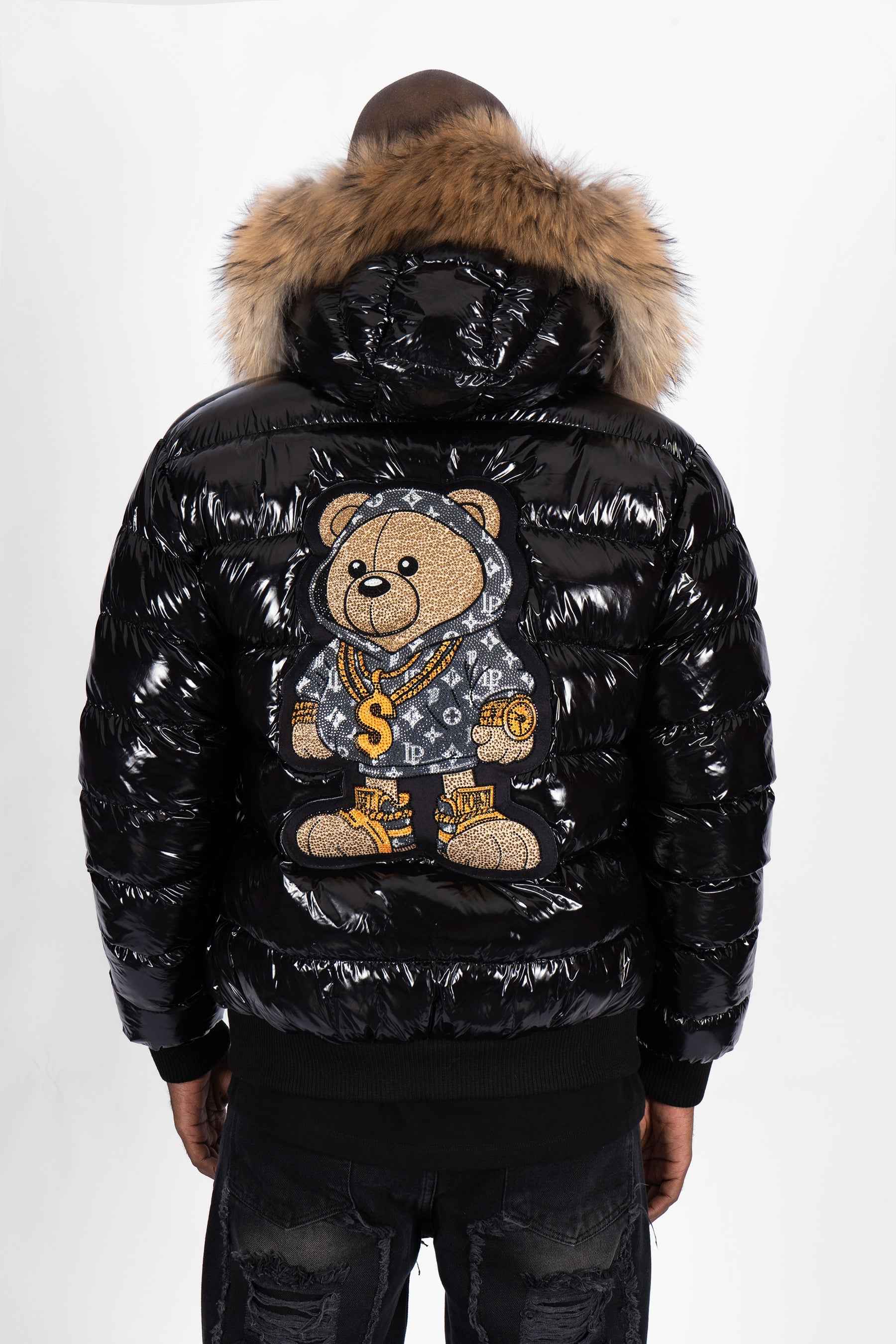 Chaqueta Plumífero Negro con Capucha de Pelo y Diseño de Osito Gánster Monograma Gris