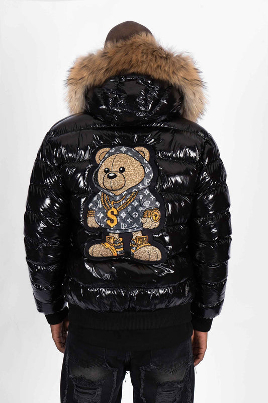Chaqueta Plumífero Negro con Capucha de Pelo y Diseño de Osito Gánster Monograma Gris