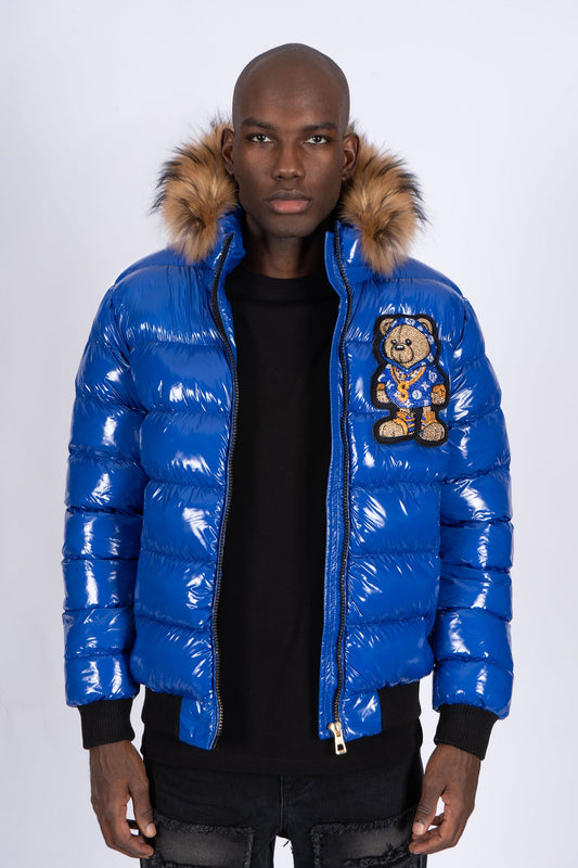 Chaqueta Plumífero Azul Eléctrico con Capucha de Pelo y Diseño de Osito Gánster