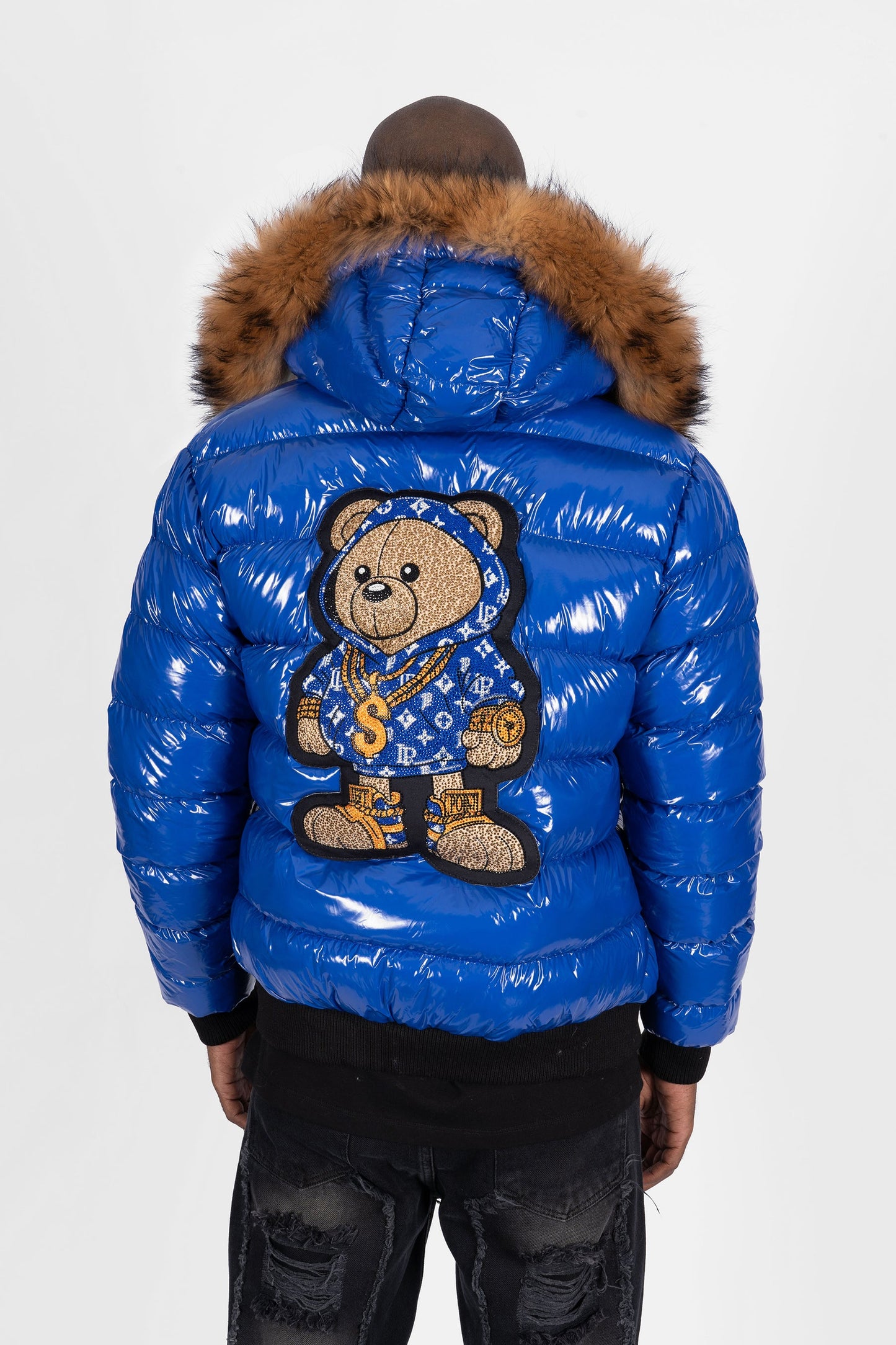 Chaqueta Plumífero Azul Eléctrico con Capucha de Pelo y Diseño de Osito Gánster