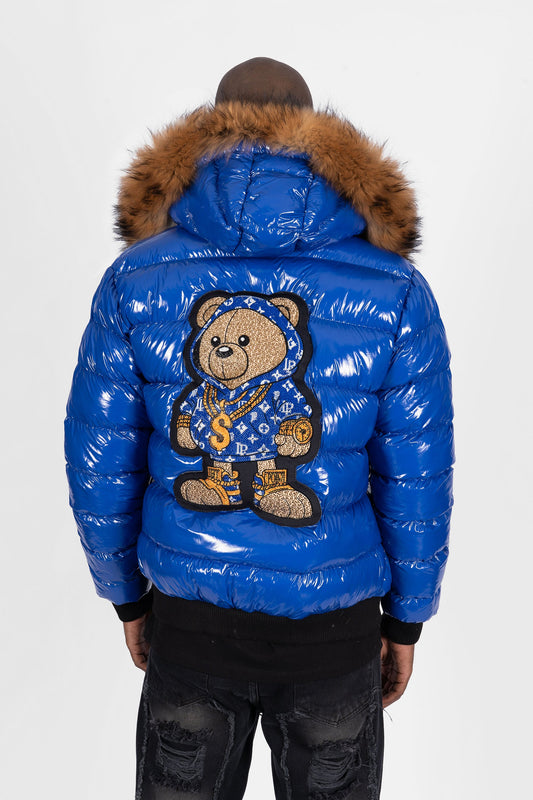 Chaqueta Plumífero Azul Eléctrico con Capucha de Pelo y Diseño de Osito Gánster