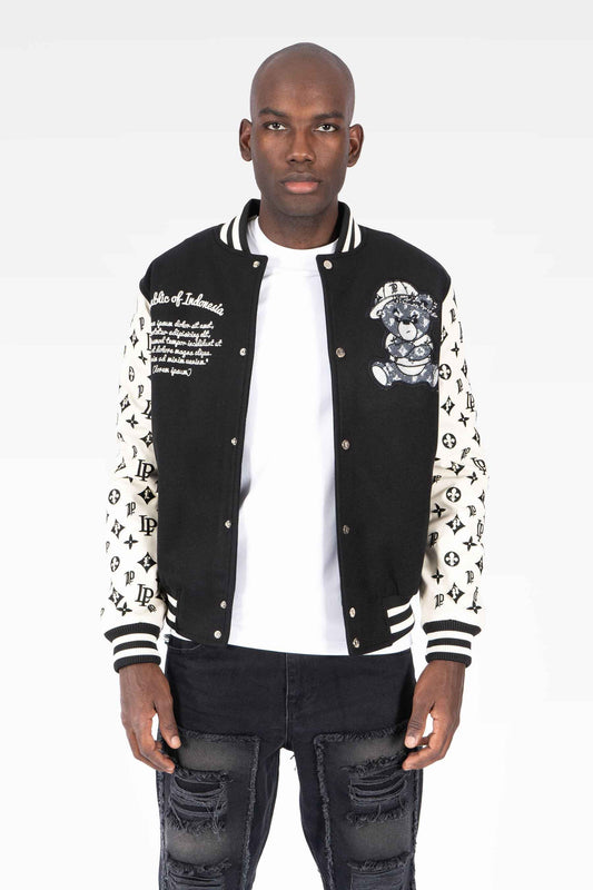 Chaqueta Universitaria Negra y Crema con Monograma y Diseño de Osito Gánster
