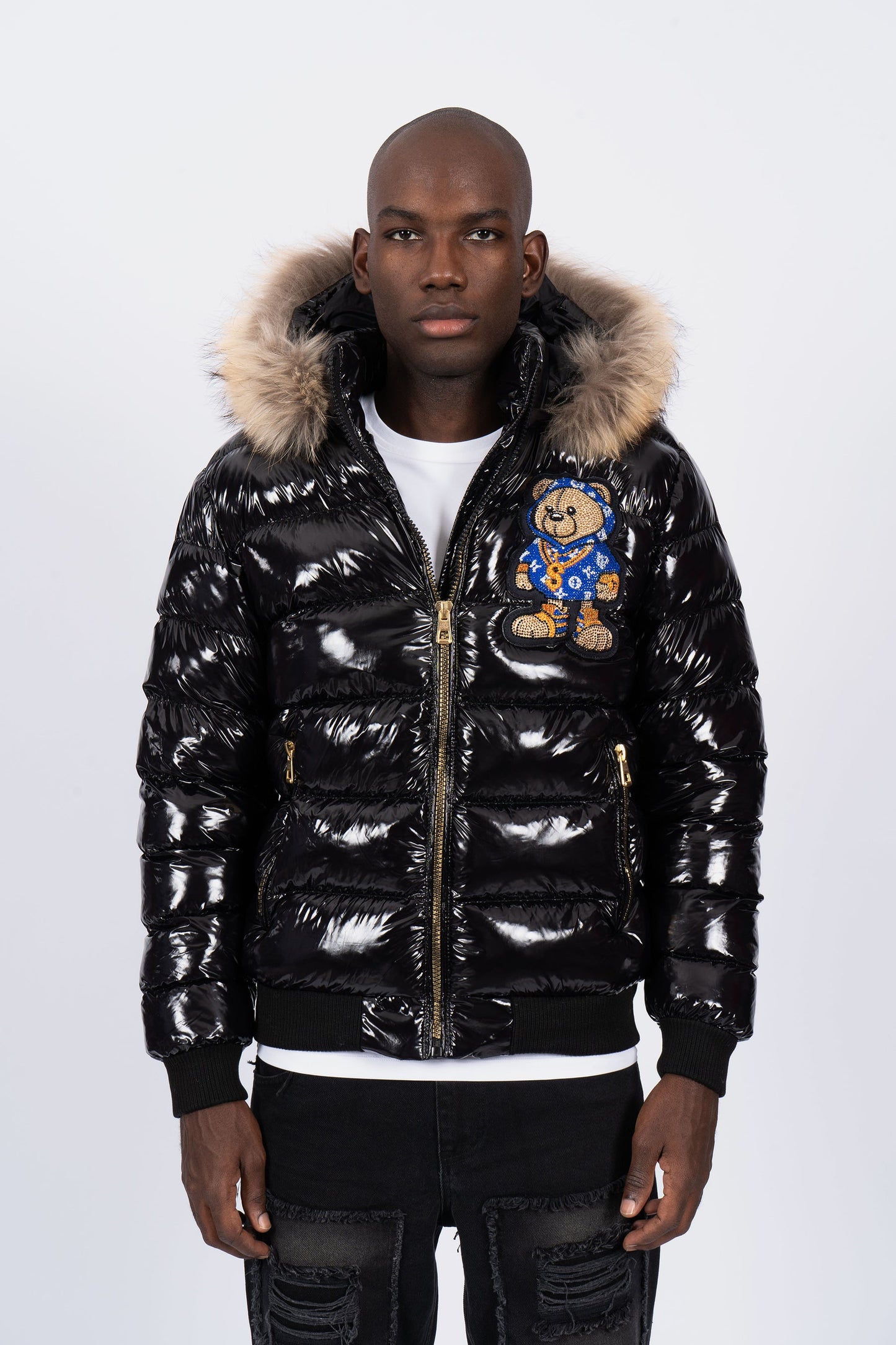Chaqueta Negra con Capucha de Pelo y Diseño de Osito Gánster Azul