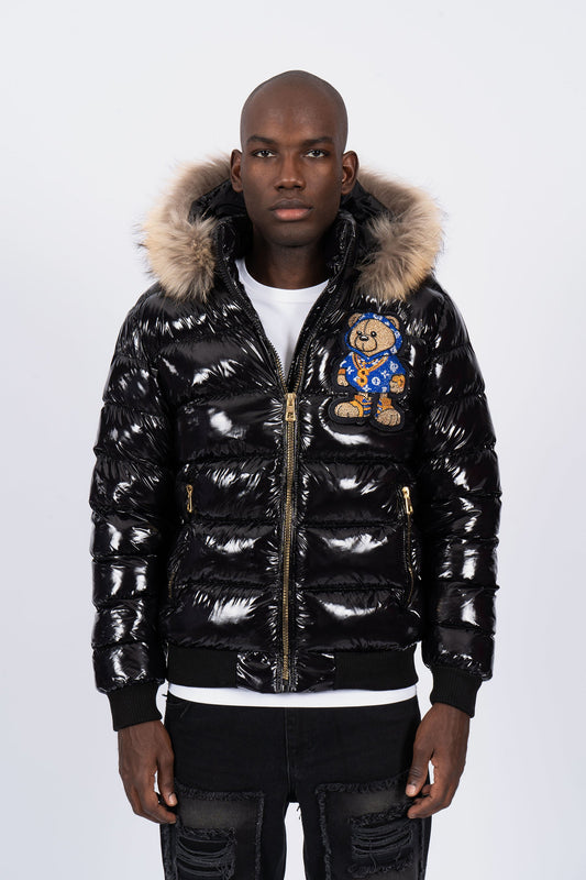Chaqueta Negra con Capucha de Pelo y Diseño de Osito Gánster Azul