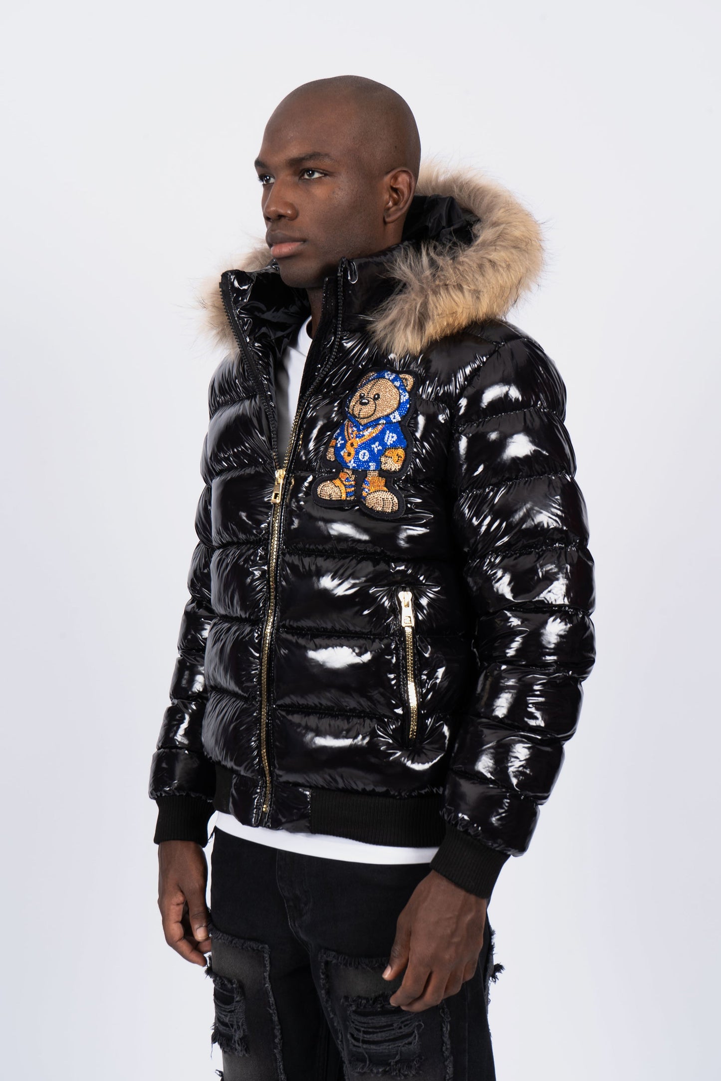 Chaqueta Negra con Capucha de Pelo y Diseño de Osito Gánster Azul