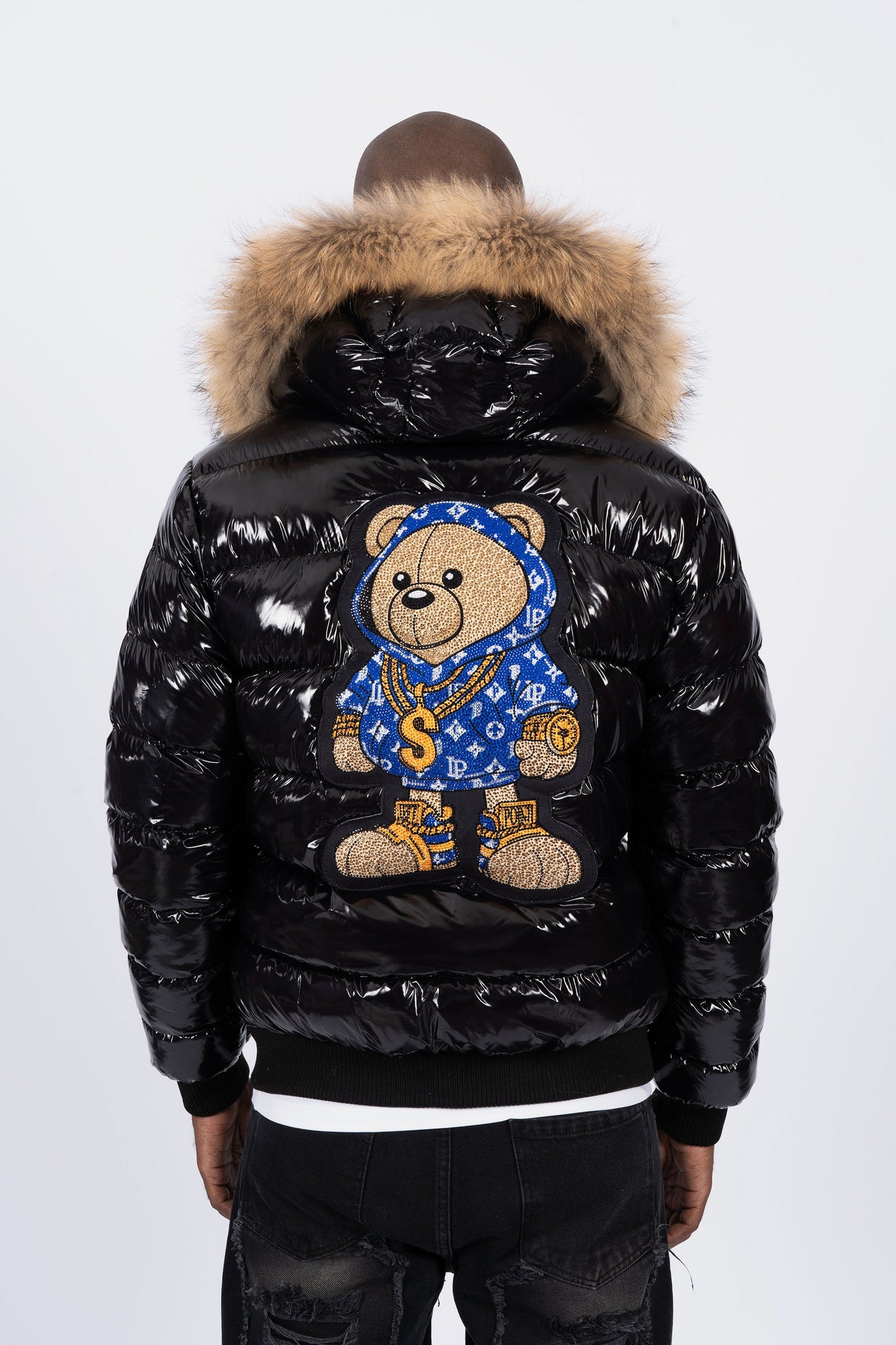 Chaqueta Negra con Capucha de Pelo y Diseño de Osito Gánster Azul
