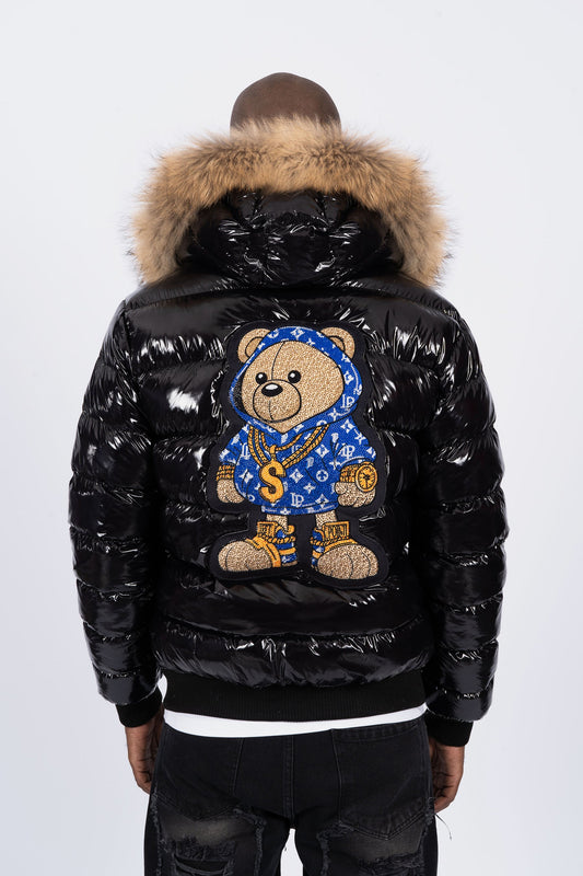 Chaqueta Negra con Capucha de Pelo y Diseño de Osito Gánster Azul