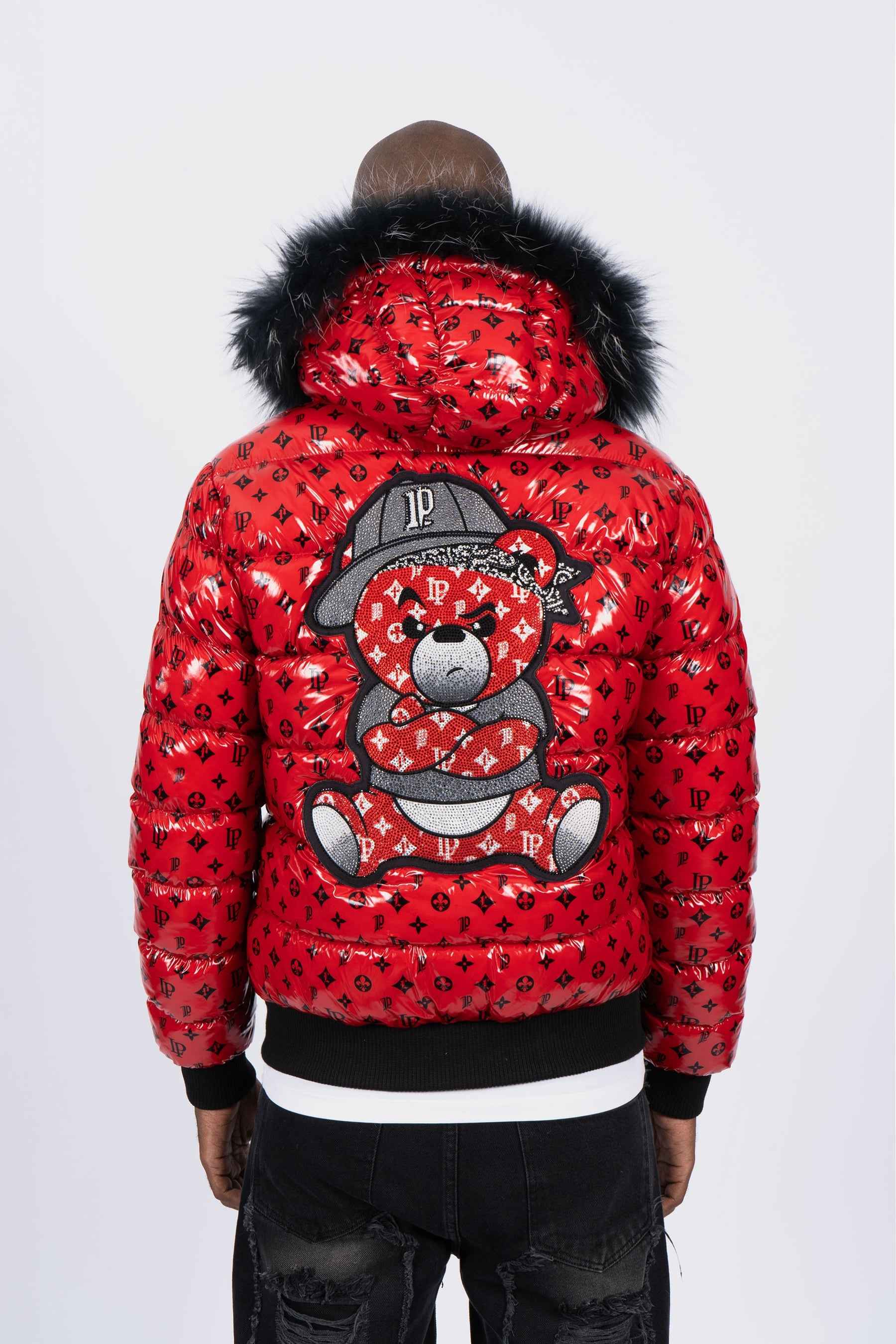 Chaqueta Plumífero Rojo Monograma con Capucha de Pelo y Diseño de Osito Gánster