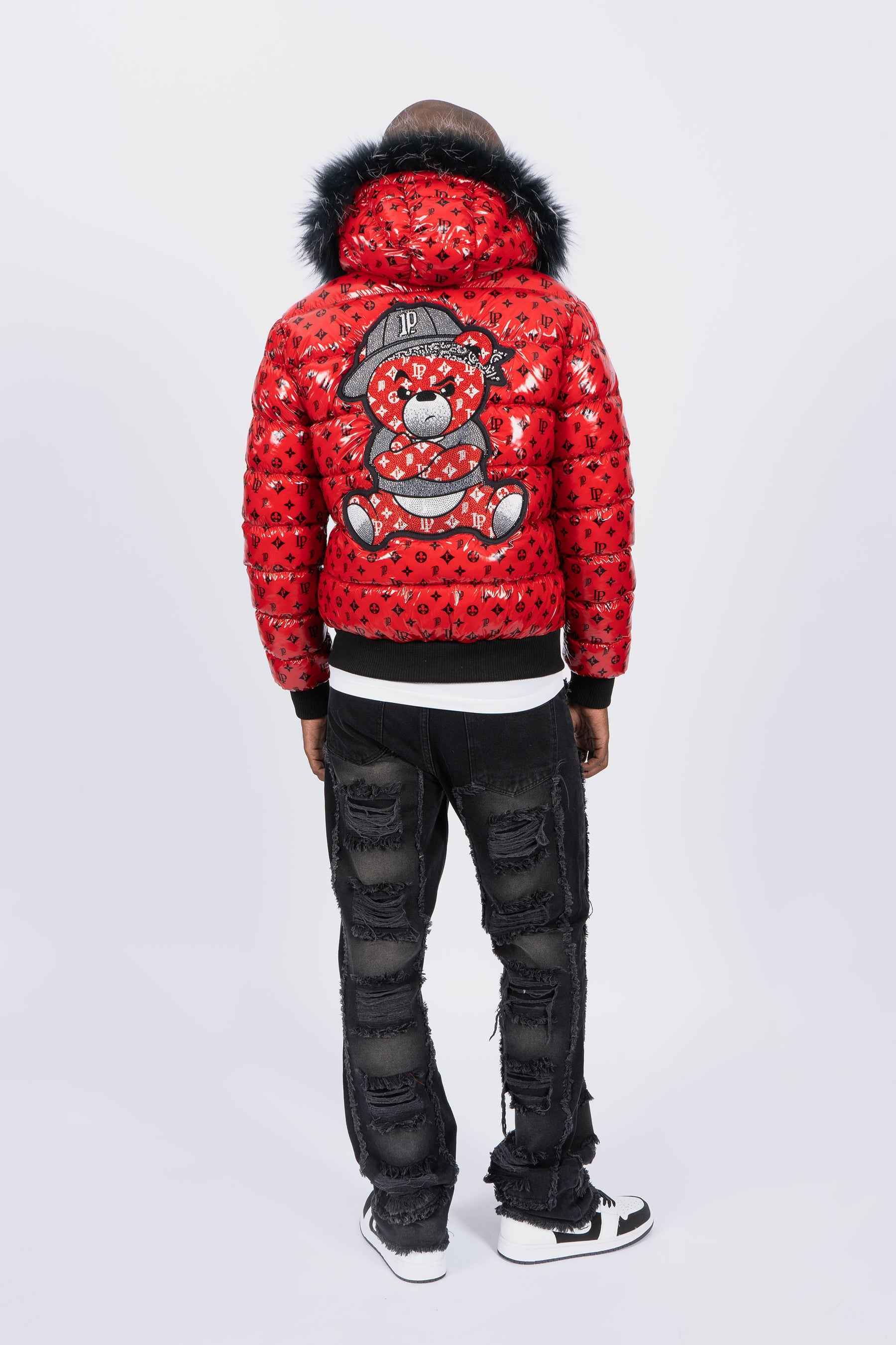 Chaqueta Plumífero Rojo Monograma con Capucha de Pelo y Diseño de Osito Gánster