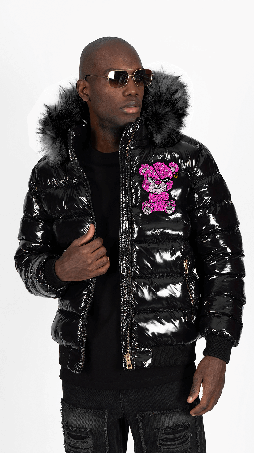 Chaqueta Pirate Gang París Negra Pedrería Brillante Oso Rosa Mi tienda