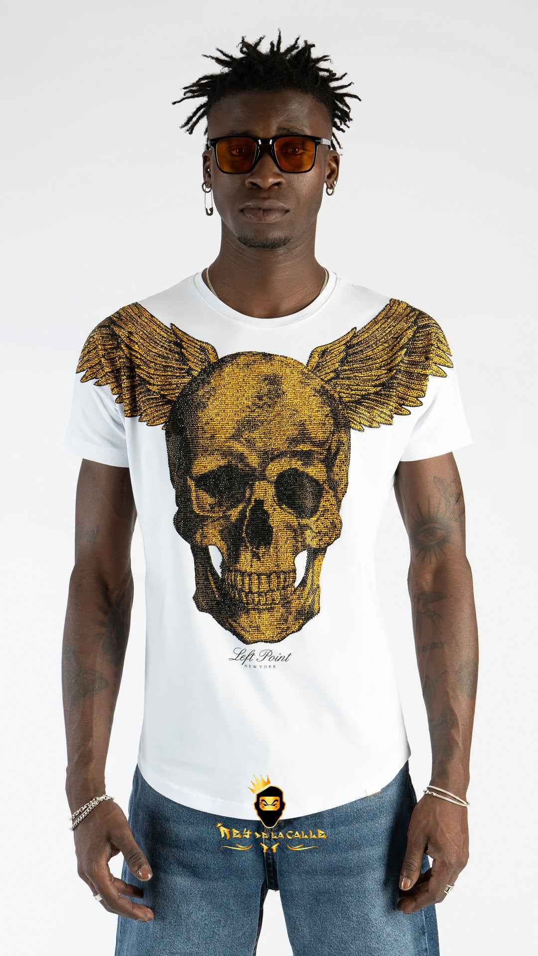 Camiseta Blanca Left Point Calavera con Alas Strass