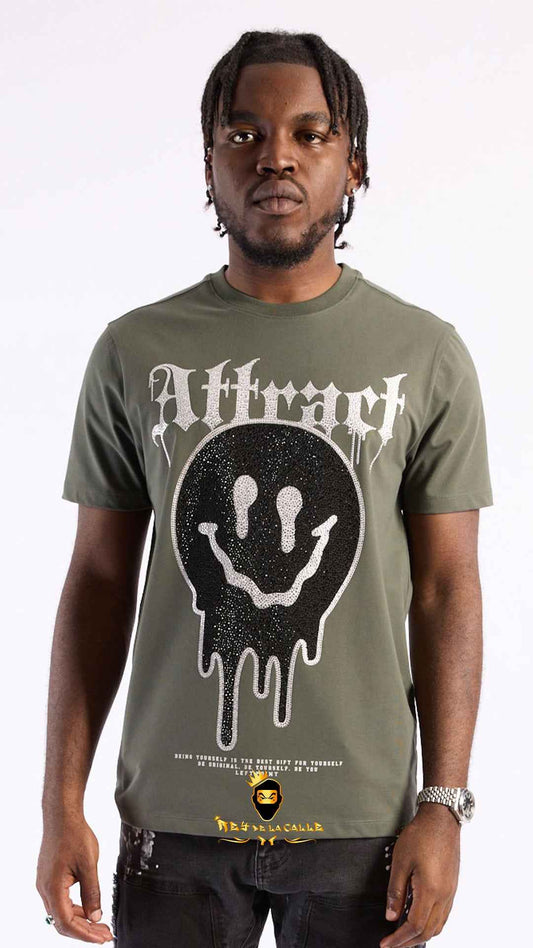 Camiseta Verde Caqui Left Point Carita Sonriente Derritiéndose Strass