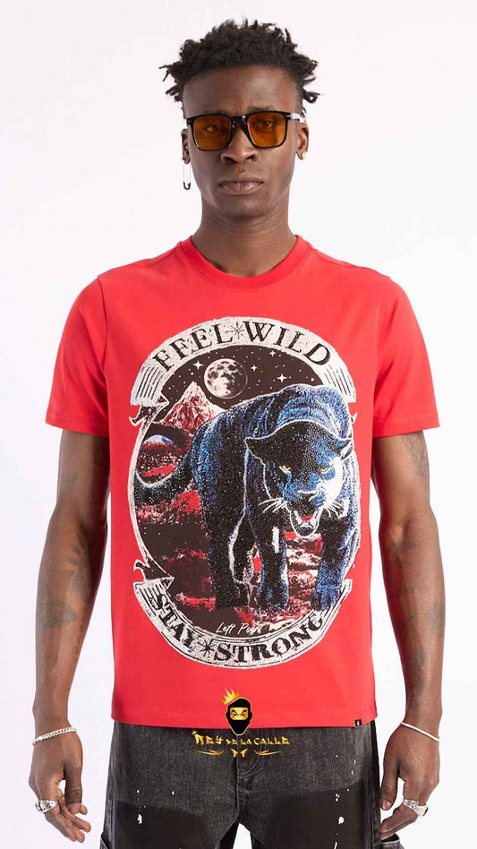 Camiseta Roja Left Point Pantera Strass - Feel Wild Stay Strong
