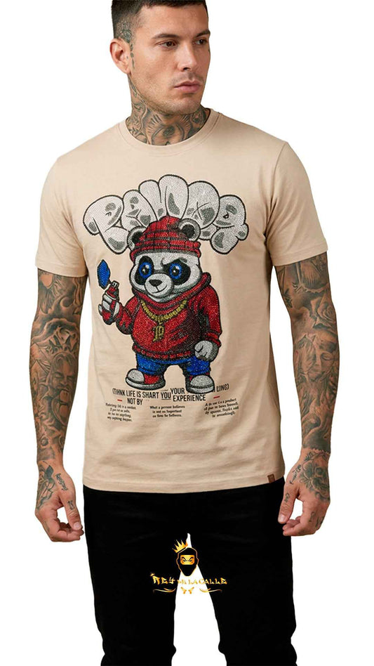 Camiseta Beige Left Point Oso Panda Rapero Strass