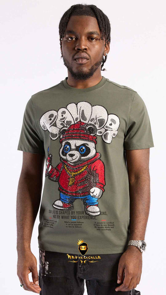 Camiseta Caqui Left Point Oso Panda Rapero Strass