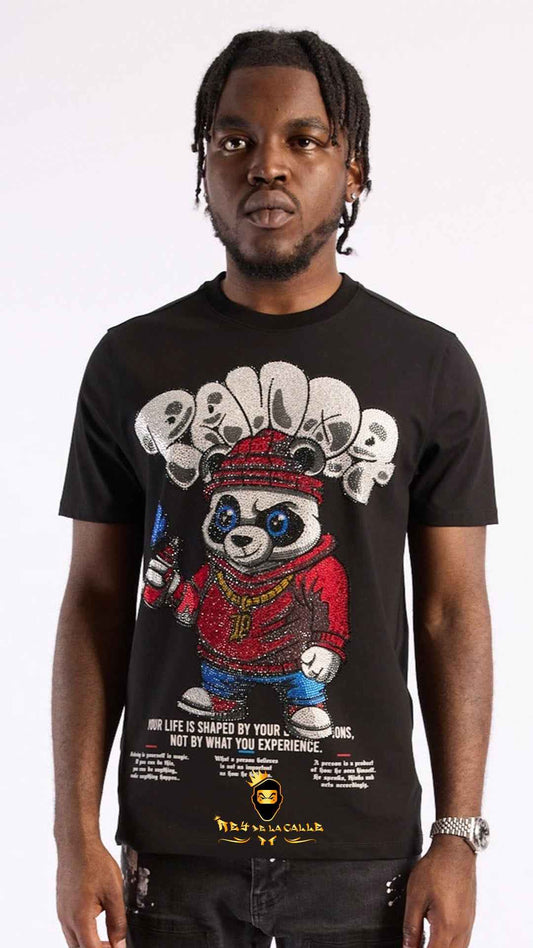 Camiseta Negra Left Point Oso Panda Rapero Strass