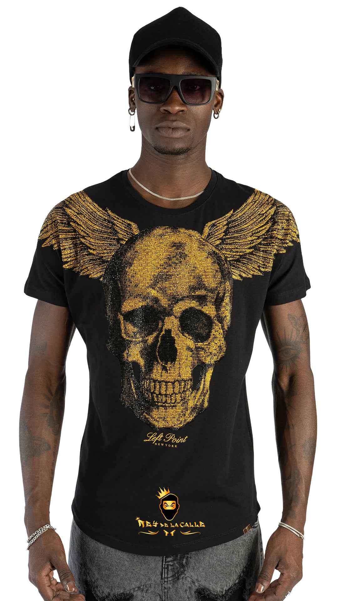Camiseta Negra Left Point Calavera con Alas Strass