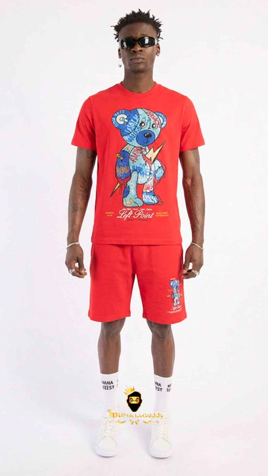 Conjunto Left Point Streetwear: Gráfico Oso Azul sobre Rojo