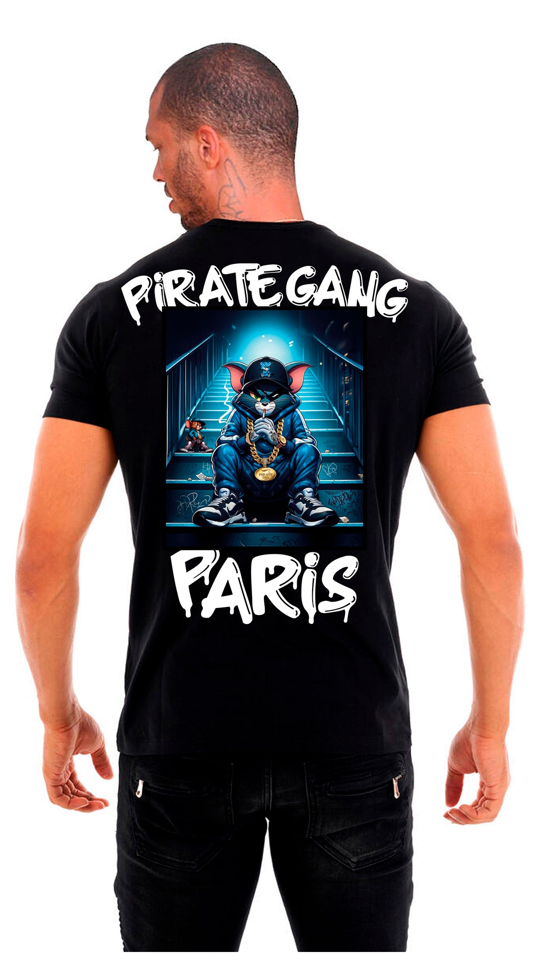 Camiseta Pirate Gang París Negra Pedrería Brillante Gato Tom