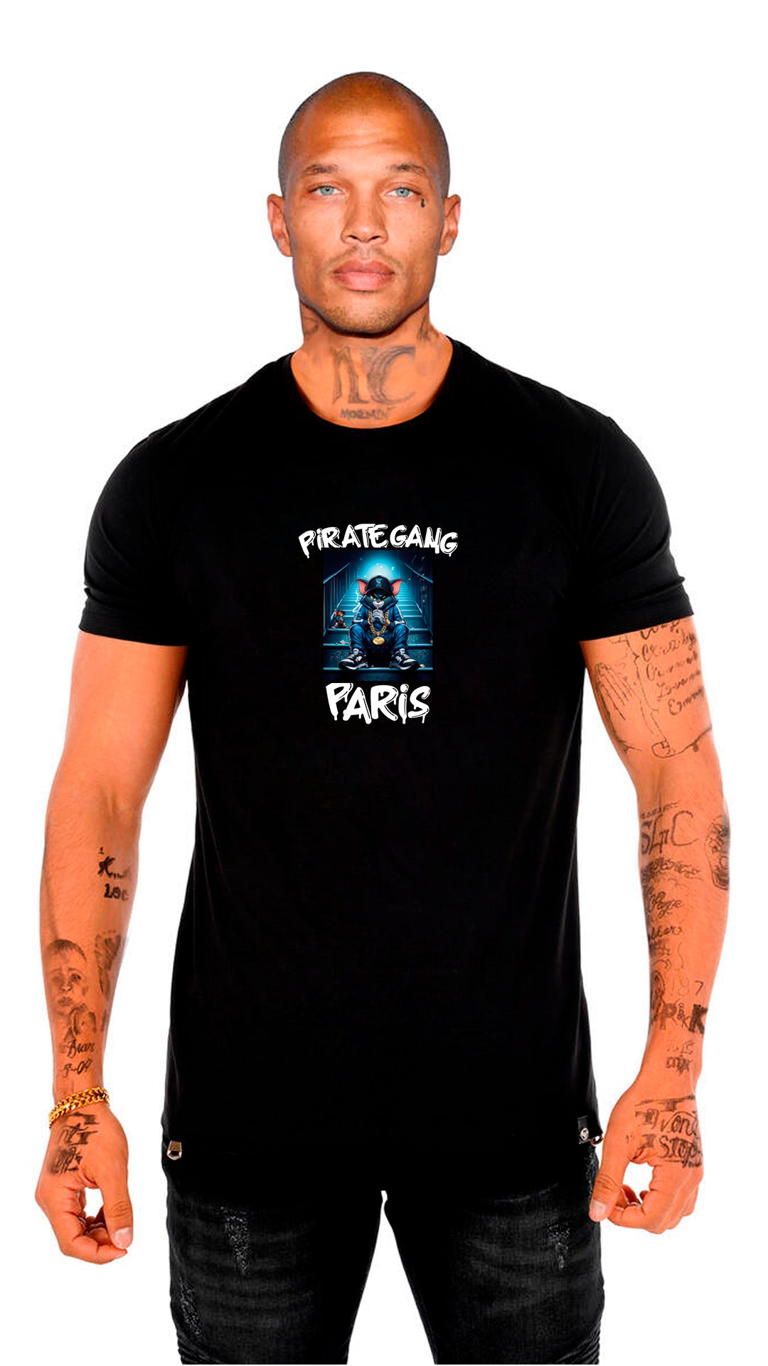 Camiseta Pirate Gang París Negra Pedrería Brillante Gato Tom