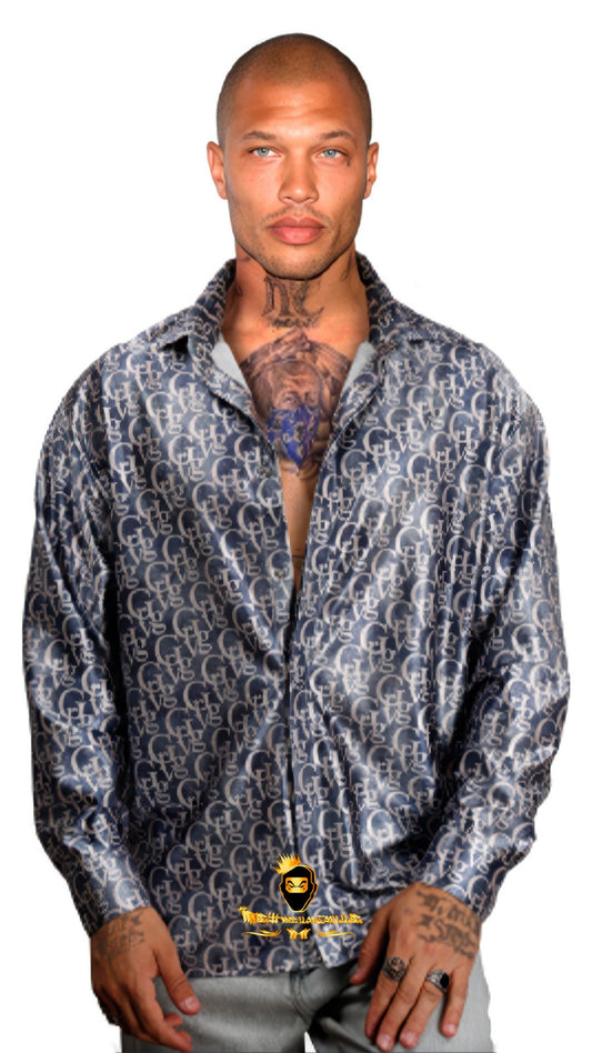 Camisa de Seda para Hombre George V Paris - Diseño Monograma Azul y Plata Luxury Streetwear Rey De La Calle