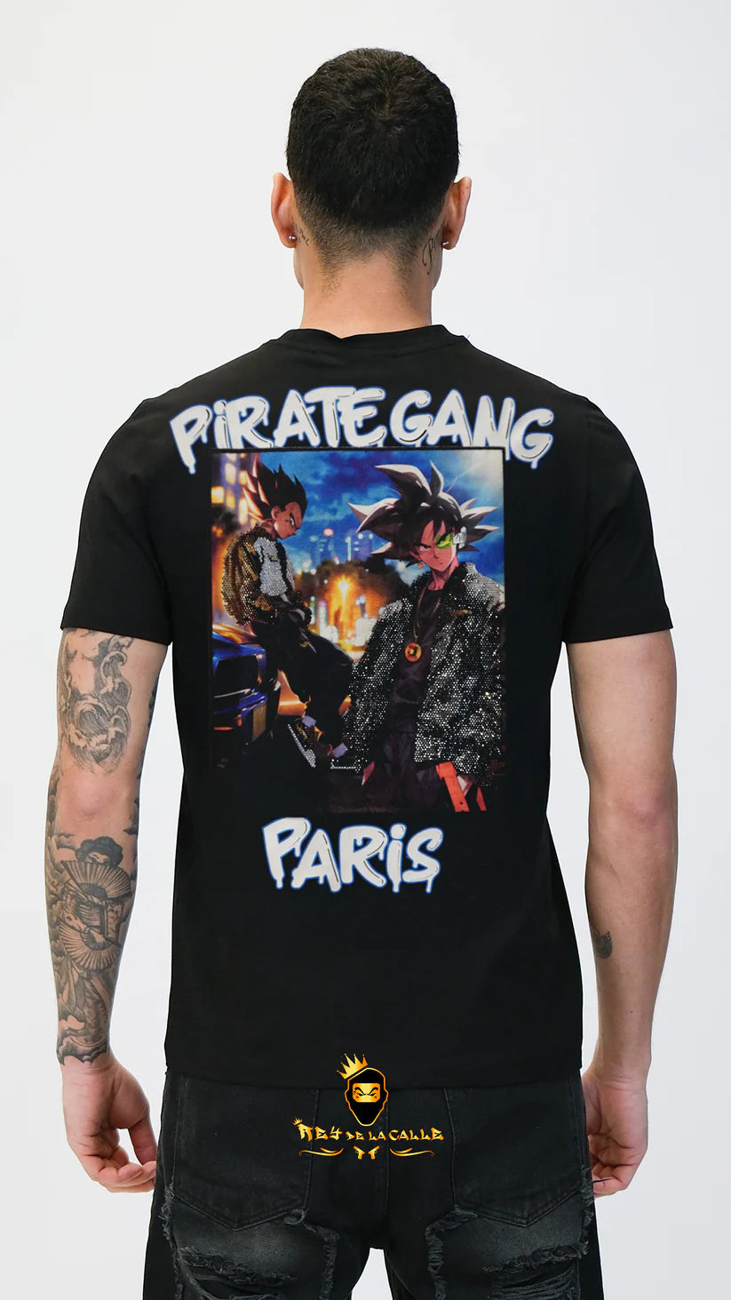 Conjunto. Camisetas o pantalon corto Pirate Gang Paris Negra Terciopelo y Pedrería Brillante Goku y Vegeta Rey De La Calle