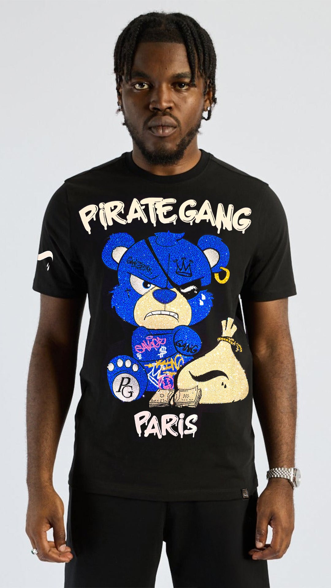 Conjunto Streetwear Pirate Gang Money Bag - Camiseta y Short Oso Azul con Pedrería y Saco de Dinero Rey De La Calle
