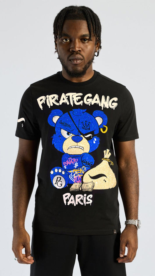Conjunto Streetwear Pirate Gang Money Bag - Camiseta y Short Oso Azul con Pedrería y Saco de Dinero Rey De La Calle