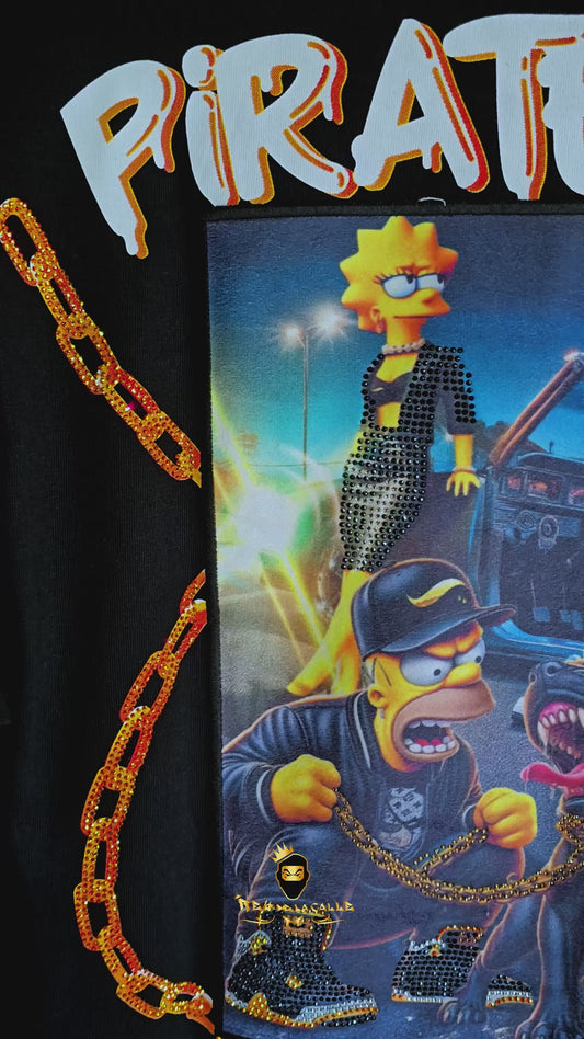 Camiseta Pirate Gang París Negra Terciopelo y Pedrería Brillante Simpsons