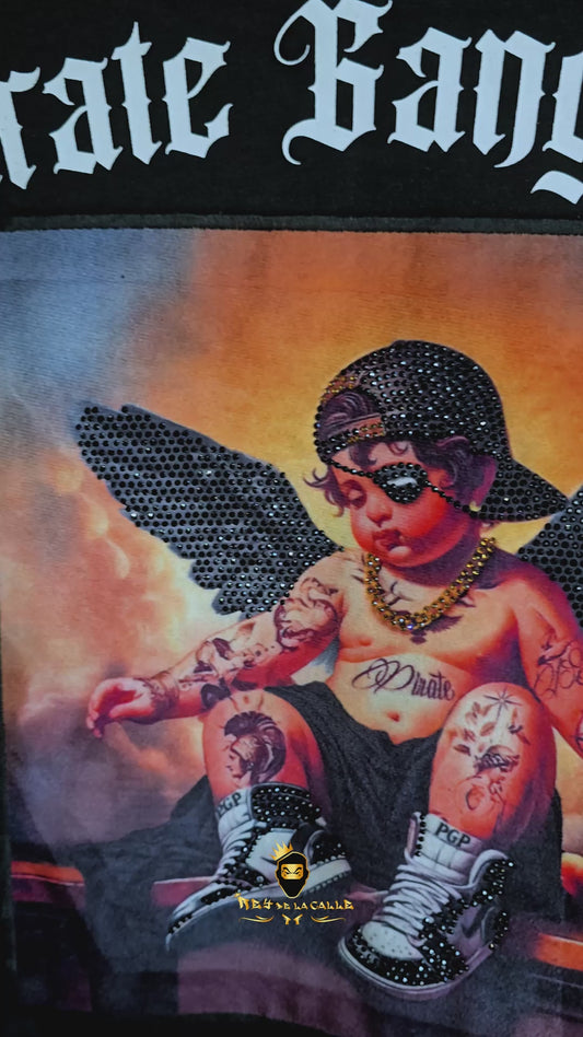 Camiseta Pirate Gang París Negra Terciopelo y Pedrería Brillante Angel