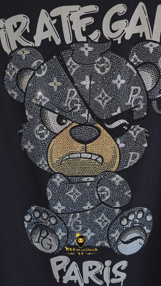 Camiseta Slim Fit Pirate Gang París Negra Pedrería Brillante Oso Negro
