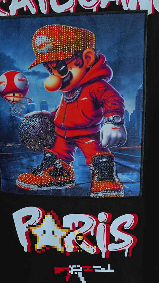 Camiseta Pirate Gang París Negra Terciopelo y Pedrería Brillante Mario Bros