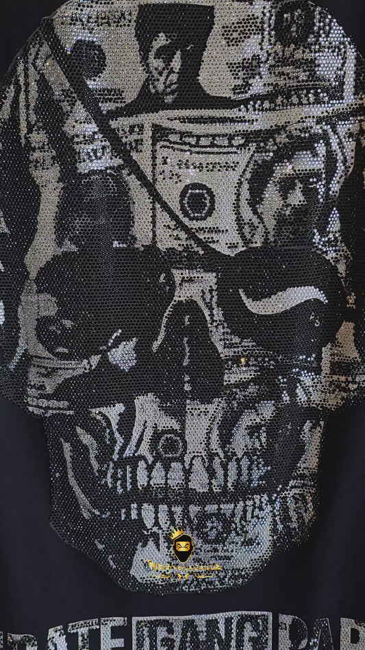 Camiseta Slim Fit Pirate Gang París Negra Pedrería Brillante Calavera