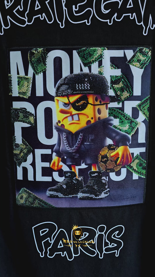 Camiseta Pirate Gang París Negra Terciopelo y Pedrería Brillante Bob Esponja