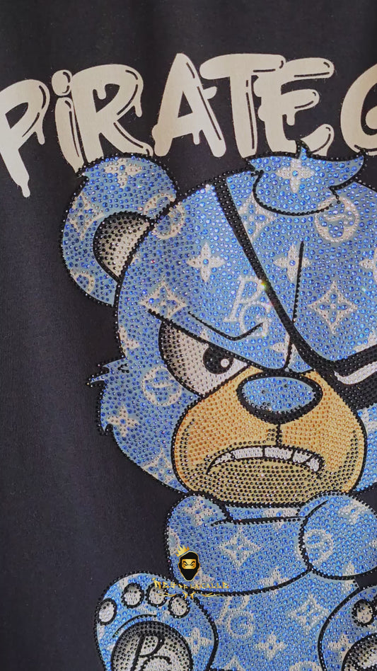 Camiseta Slim Fit Pirate Gang París Negra Pedrería Brillante Oso Azul
