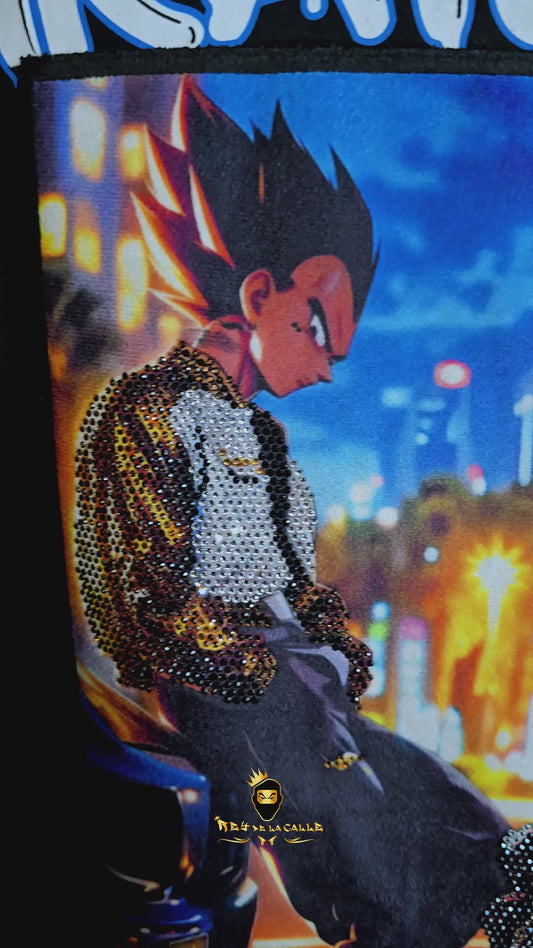 Camiseta Pirate Gang París Negra Terciopelo y Pedrería Brillante Goku y Vegeta