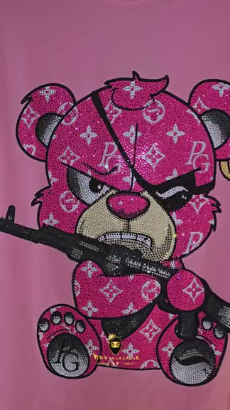 Conjunto Streetwear Rosa Pirate Gang Paris- Camiseta y Short Oso Táctico con Pedrería
