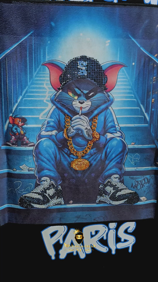 Camiseta Pirate Gang París Negra Terciopelo y Pedrería Brillante Gato Tom
