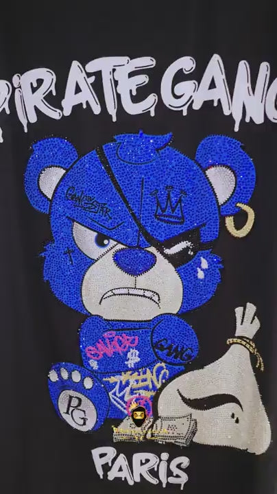 Conjunto Streetwear Pirate Gang Paris Money Bag - Camiseta y Short Oso Azul con Pedrería y Saco de Dinero