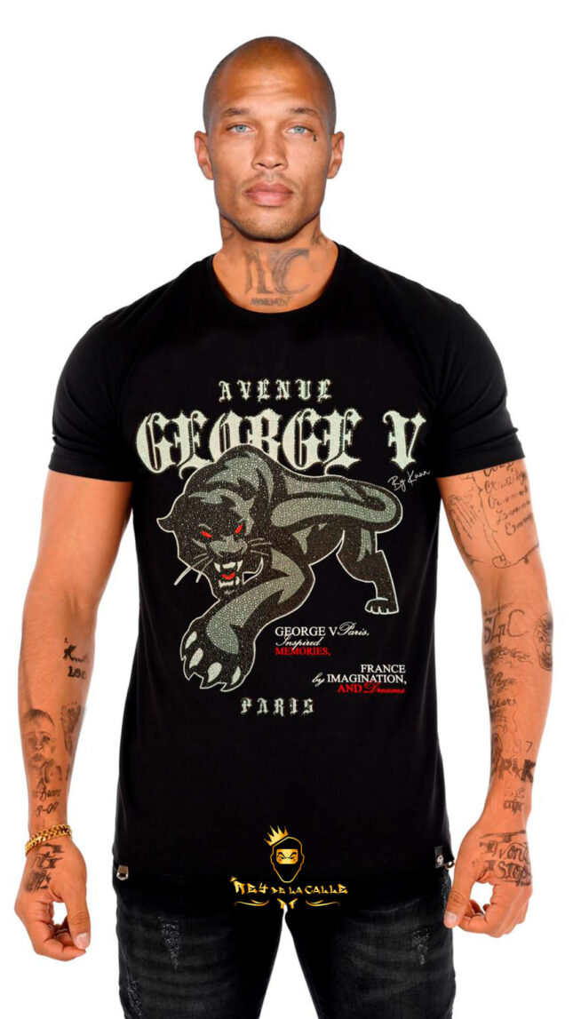 Camiseta George V París Negra Pedrería Brillante Pantera