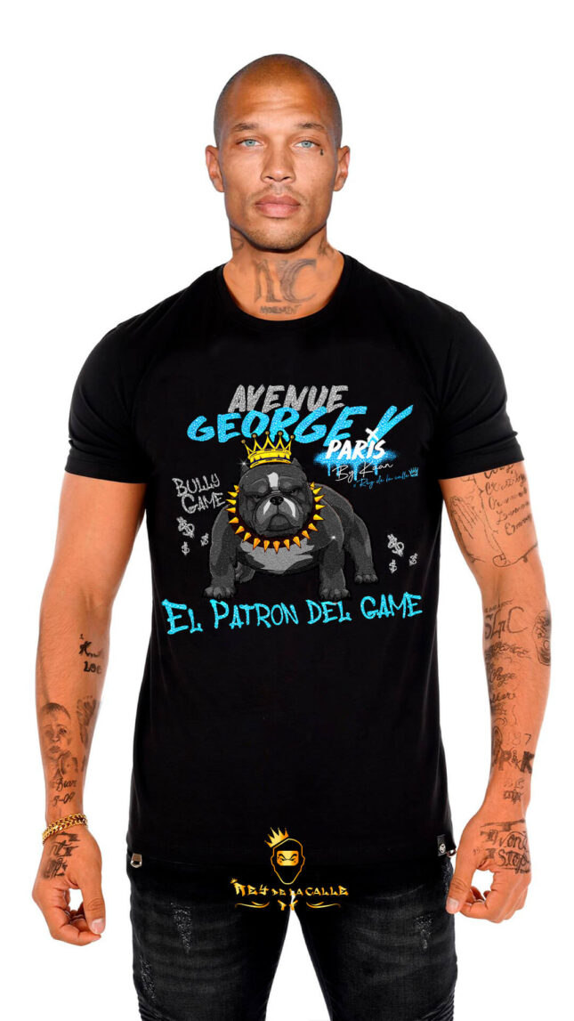 Camiseta Avenue George V Paris Negra Pedreria Brillante Perro